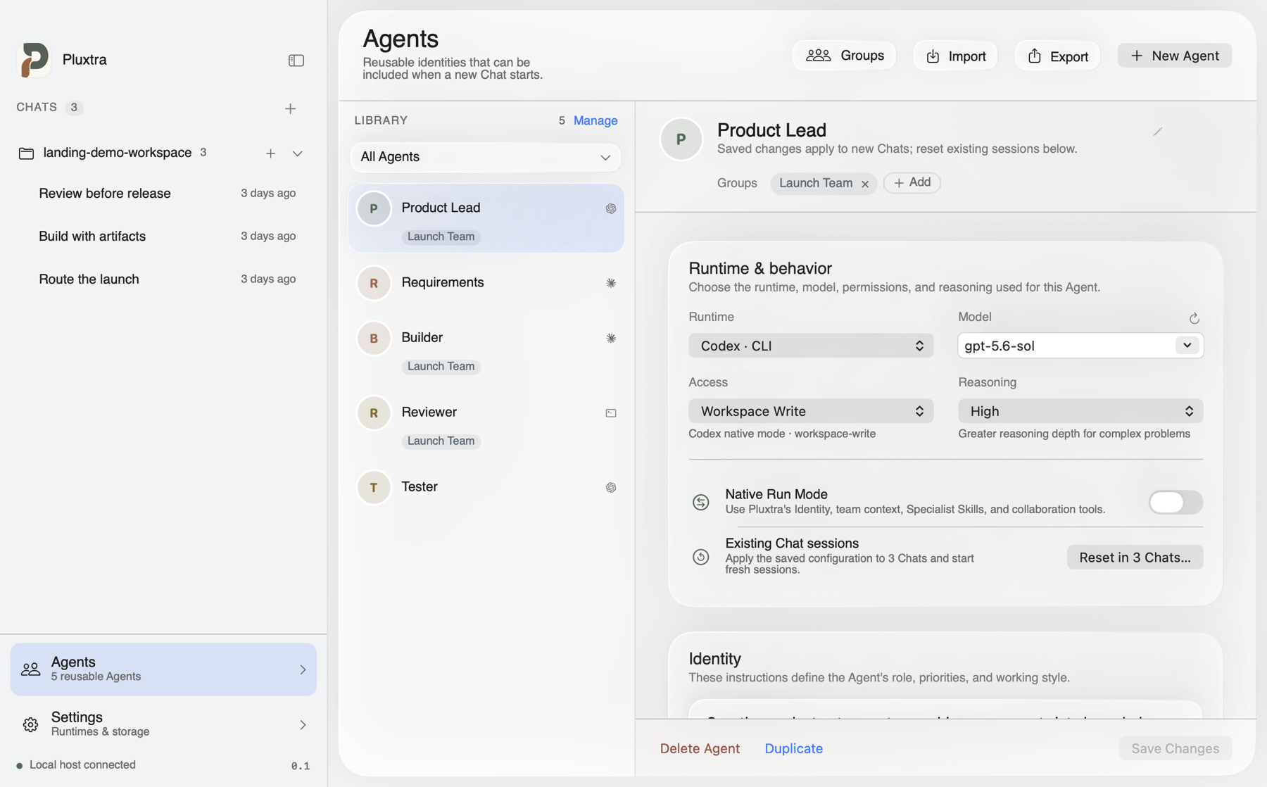 Pluxtra Agent Library showing the Product Lead profile, Launch Team group, and runtime configuration