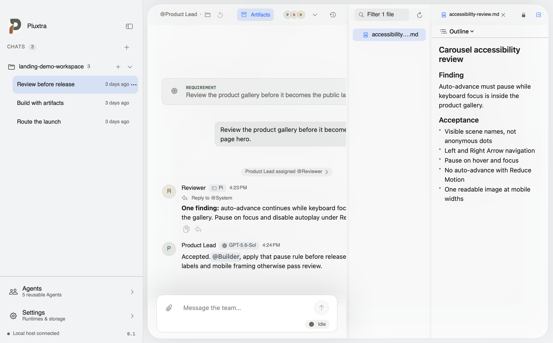 Pluxtra showing a Pi Reviewer finding and its Markdown acceptance note