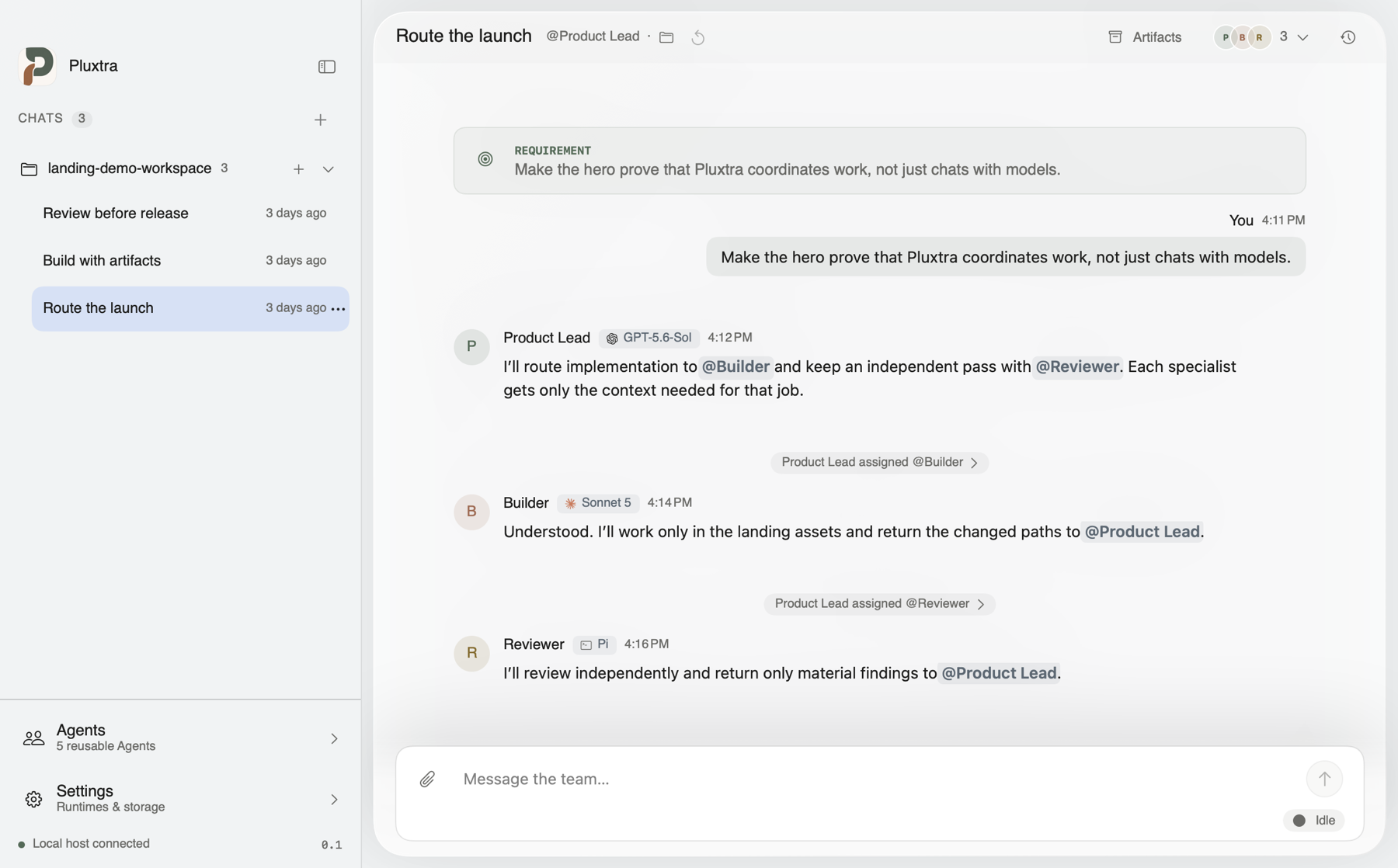 Pluxtra showing a Product Lead assigning bounded work to a Builder and Reviewer